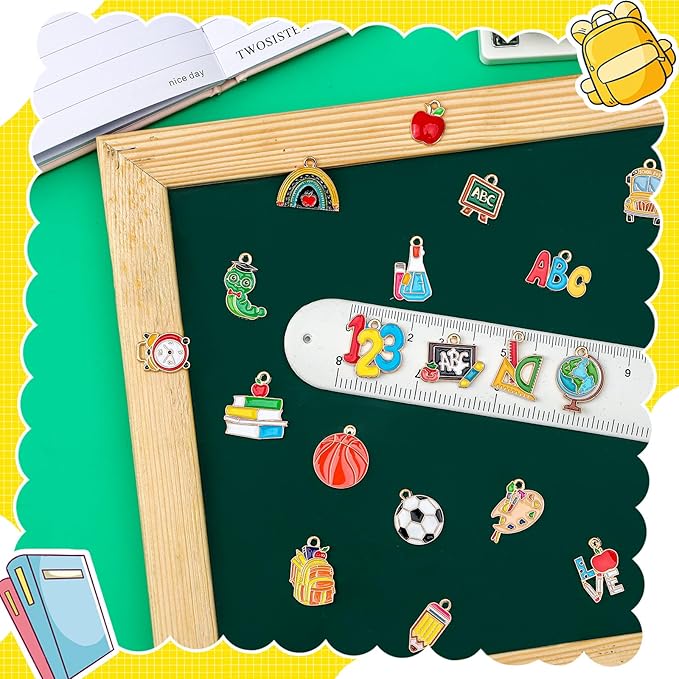 MARFOREVER Back to School Charms, 40Pcs/20 Pairs Teacher Charms for Jewelry Making, First Day of School Enamel Pencil Book Blackboard Pendants for Bracelet Necklace Earrings
