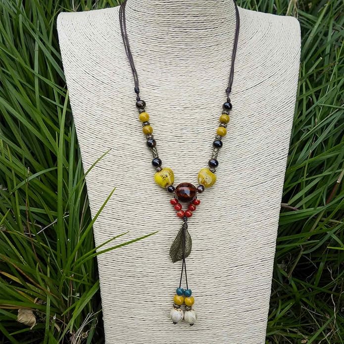 Boho Style Colorful Ceramic Bead Strand Necklace Adjustable Bohemian Jewelry Gift for Women, Fashion Clothing Matching Necklace