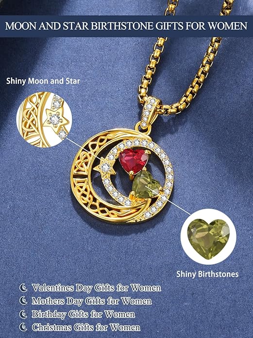 14K Gold Moon and Star Necklace Gifts for Women - Double Heart Birthstone Necklace, Valentines Wedding Anniversary Birthday Gifts for Her Wife Mom Daughter Grandma Sister