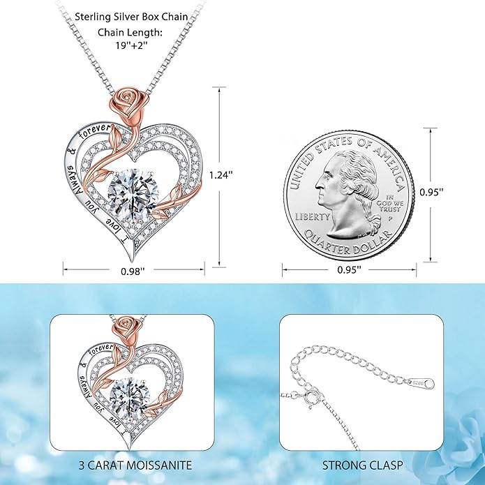MOOSEA Valentines Day Gifts for Her - 925 Sterling Silver Rose Heart Moissanite Necklace, 1-3 ct VVS1 Clarity Lab Created Moissanite Anniversary Birthday Gifts for Mom Wife Girlfriend Jewelry Gift