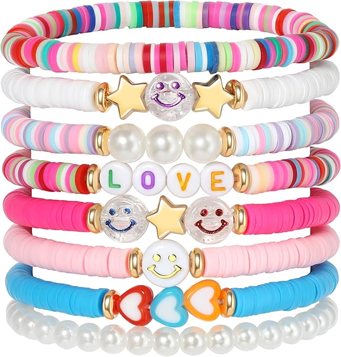 Preppy Bracelets Set Colorful White Gold Smile Heart Star Polymer Beaded Pearl Clay Stackable Charm Y2K Kidcore Aesthetic Summer Beach Bohemian Stretch Layering Bracelets Jewelry for Girls Women Teens