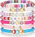 Preppy Bracelets Set Colorful White Gold Smile Heart Star Polymer Beaded Pearl Clay Stackable Charm Y2K Kidcore Aesthetic Summer Beach Bohemian Stretch Layering Bracelets Jewelry for Girls Women Teens