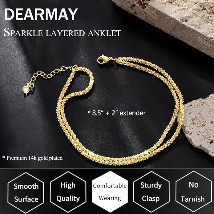 DEARMAY Dainty 14K Gold Plated Ankle Bracelets for Women, Waterproof 14K Gold Plated Link Chain Anklets Non Tarnish Set Pack Summer Beach Jewelry Gift