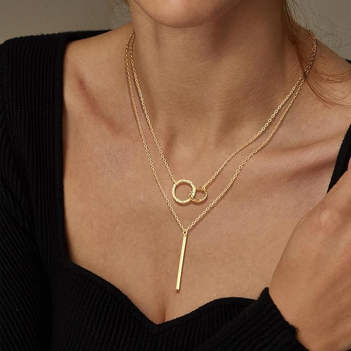 Layered Gold Silver Necklaces for Women, Stackable Stack 14K Real Gold Plated Silver Chain Necklace Diamond Circle CZ Layering Pendant Necklaces Trendy Gold Jewelry Set Gifts