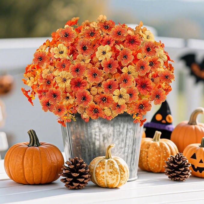 16PCS Artifcial Fall Flowers for Outdoor Decorations, Mix Orange | Realistic - Image 7