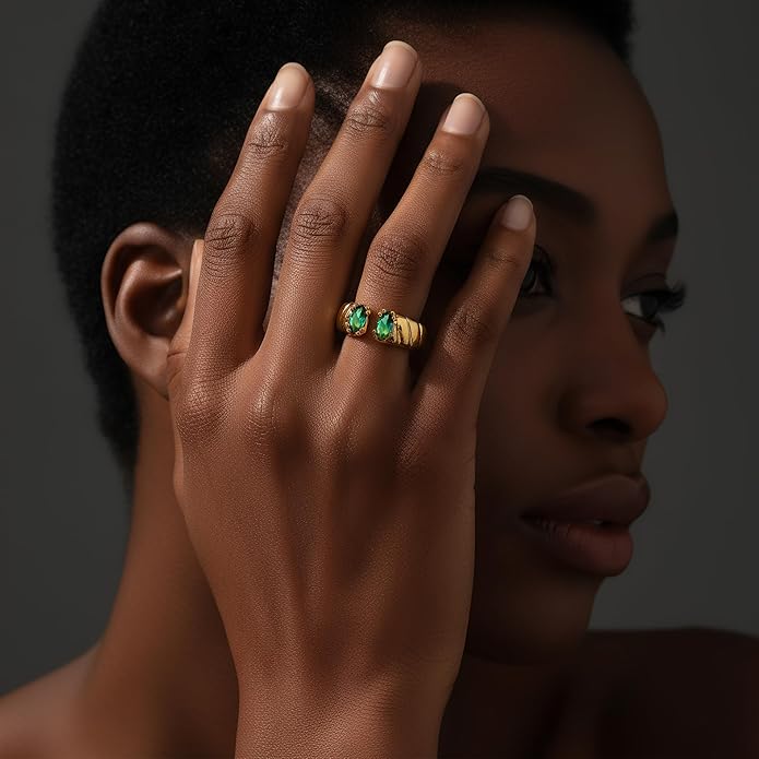 Chunky 18K Gold Adjustable Statement Ring for Women - Green Marquise Crystal Open Band, Vintage-Inspired Luxury Gift