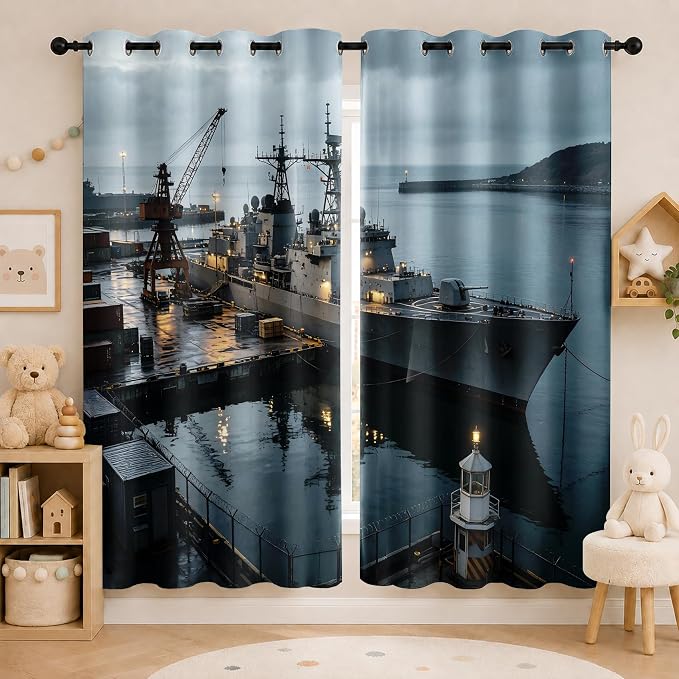 Navy Warship Blackout Curtains for Living Room 90 inches Long | Seaport Dock - Image 2