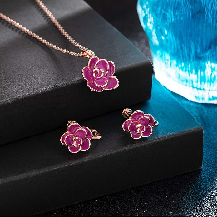 Dainty Rose Flower Pendant Necklace Clip On Earrings Set for Women 14K Gold Plated Hypoallergenic Jewelry Sets