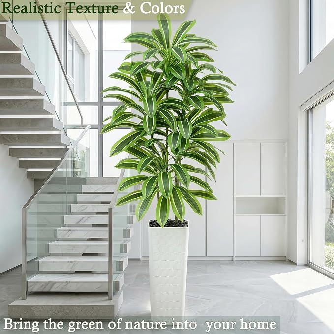 Artificial Dracaena Tree: 7FT Fake Plants Silk Faux Trees（White Pot） | - Image 5
