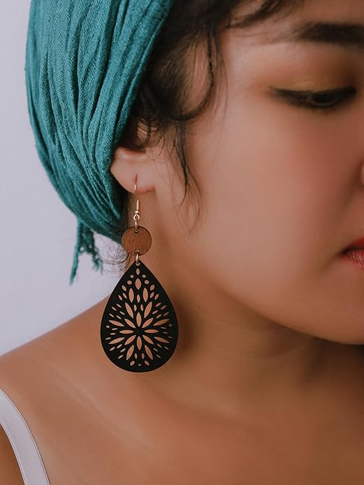 MINACHI Bohemian Hollow Cut-Out Wood Leather Dangle Drop Earrings, Boho Chic Hippie Statement Jewelry Gift for Women
