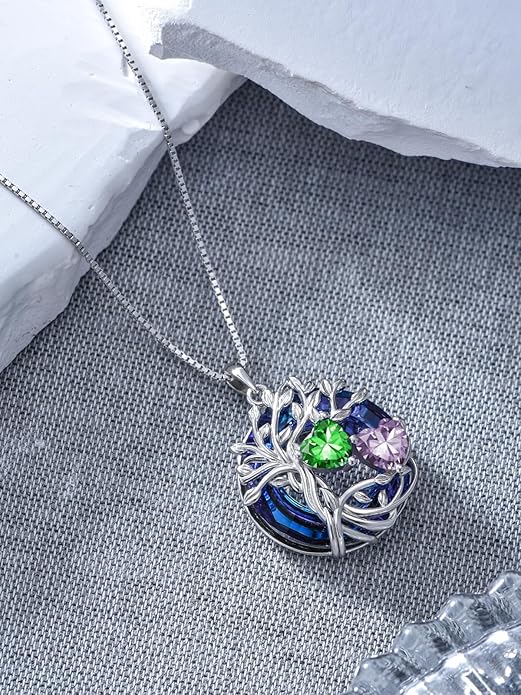 TOUPOP s925 Sterling Silver Family Celtic Tree of Life Pendant Necklaces with 2 Heart Birthstone with Blue Austrian Crystal Jewelry Birthday Valentines Day Gifts for Her, Anniversary Christmas Gifts for Wife Girlfriend Mom (18K Real White Gold Filled)