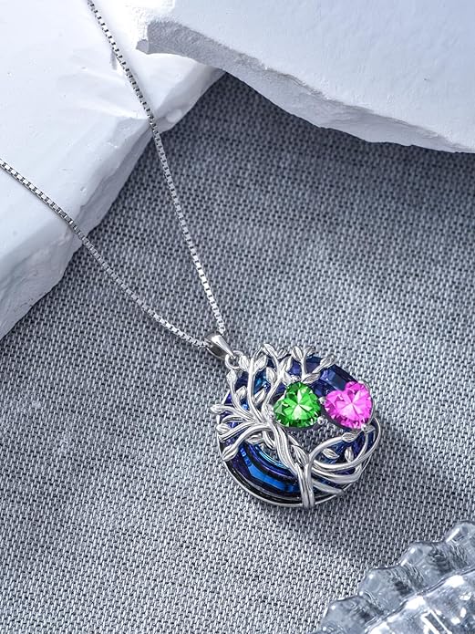 TOUPOP s925 Sterling Silver Family Celtic Tree of Life Pendant Necklaces with 2 Heart Birthstone with Blue Austrian Crystal Jewelry Birthday Valentines Day Gifts for Her, Anniversary Christmas Gifts for Wife Girlfriend Mom (18K Real White Gold Filled)