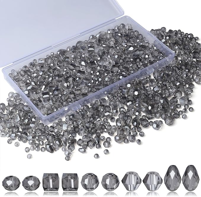 LAIDANLA 800PCS Glass Beads Gray Color Crystal Beads Assorted Crystal Beads with Container Box for DIY Necklace Bracelet Earring Jewelry Making