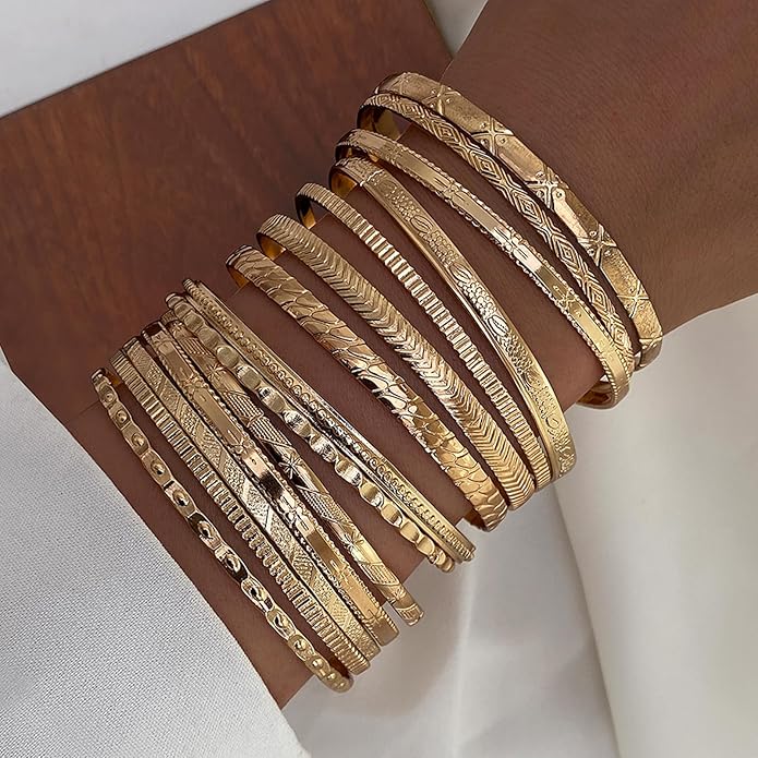 17IF Gold Bangle Bracelet For Women, 14k Multilayer Charm Textured Stackable Bracelets Boho Indian Chunky Cuff Fashion Jewelry Gift