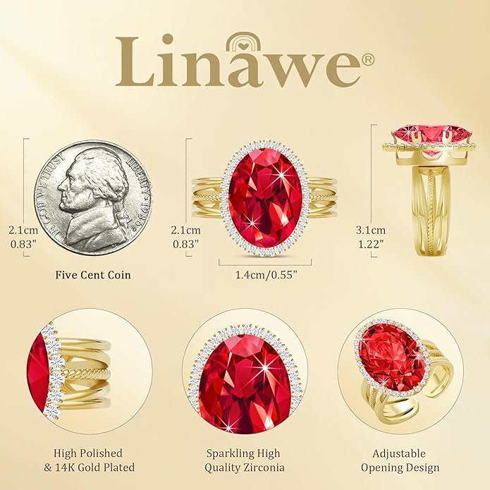 Linawe Birthstone Chunky Adjustable Rings for Women, Gold/Silver/Rose Gold Statement Rings, Imitation Diamond Fake Gemstone Crystal Cocktail Ring, Cubic Zirconia Costume Jewelry