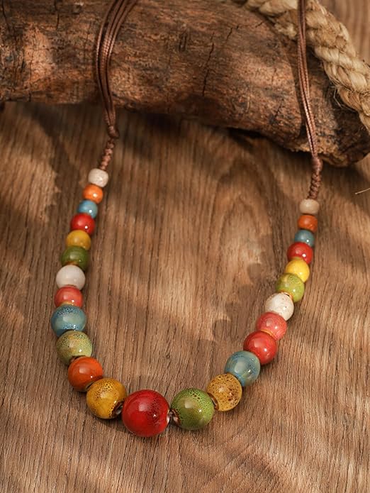 MINACHI Hippie Boho Colorful Ceramic Round Beads Strand Necklace, Bohemian Fashion Statement Jewelry Gift for Women