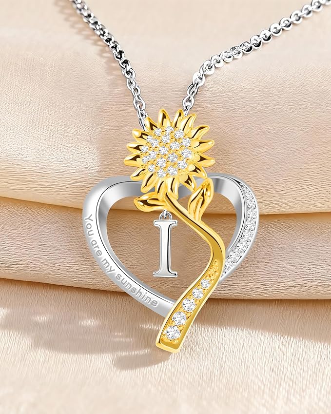 Birthday Gifts for Women Preserved Real Rose with Sunflower Initial Necklace - Birthday Gifts for Women Her Mom Wife on Valentines Mothers Day Christmas Anniversary Romantic with Pendant I