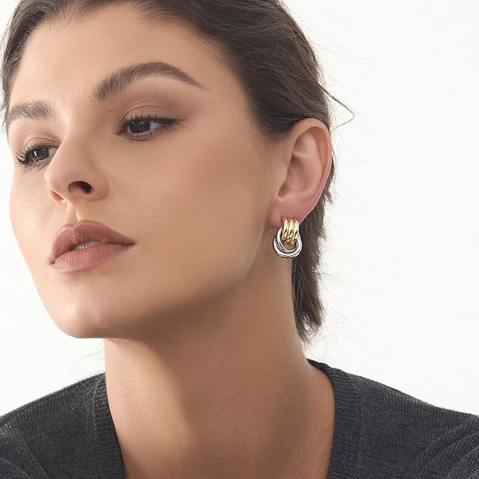 Chunky Geometric Knot Link Stud for Women, Statement Drop Dangle Earrings, Medium Size