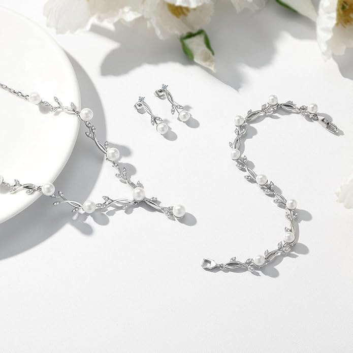 Hadskiss Jewelry Set for Women, Necklace Dangle Earrings Bracelet Set with White AAA Cubic Zirconia, Allergy Free Wedding Party Jewelry for Bridal Bridesmaid