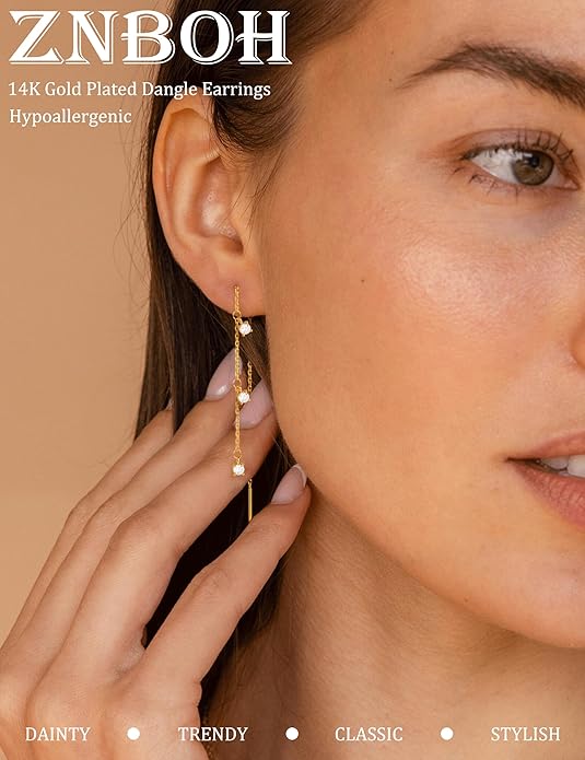 Gold Silver Dangle Earrings for Women Trendy 14K Gold Plated Drop Long Threader Chain Dangling Earring Hypoallergenic Pearl Butterfly Flower Clover CZ Wedding Earrings for Brides Jewelry Gifts