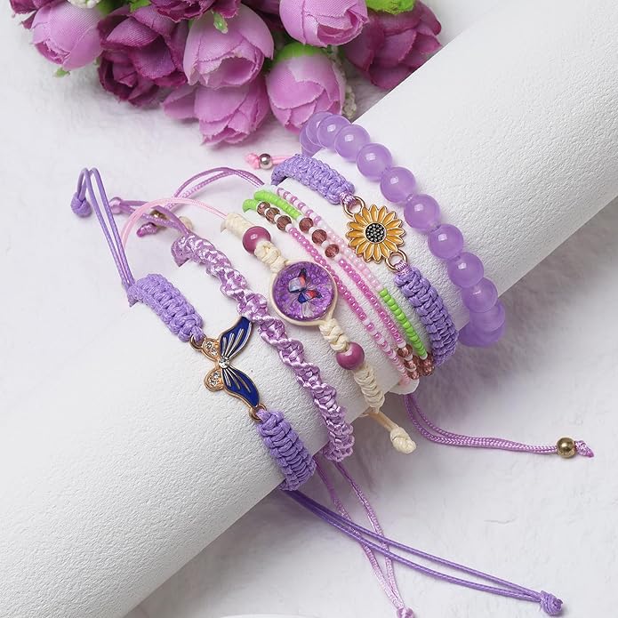 DS 6PCS String beads Charm Bracelets for Teen Girls Handmade Braided Rope Butterfly daisies Eternal flower Boho Surfer Bracelet for women Adjustable friendship Stretch birthday jewelry Gift Friends