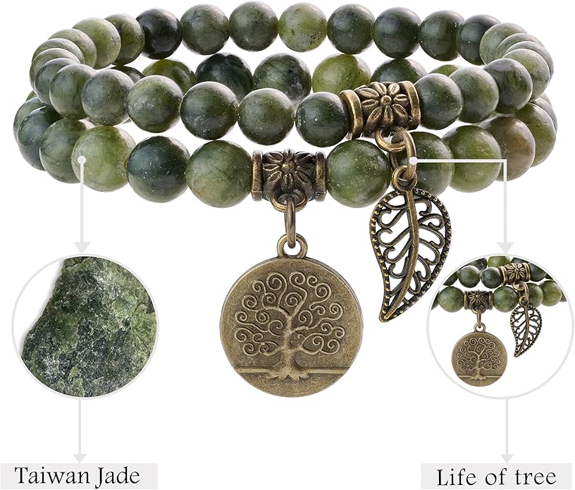 Bivei Natural Semi Precious Gemstone beads bracelet for women - Life Tree and Leaf Charm Energy Reiki Crystal Stretch Bracelets