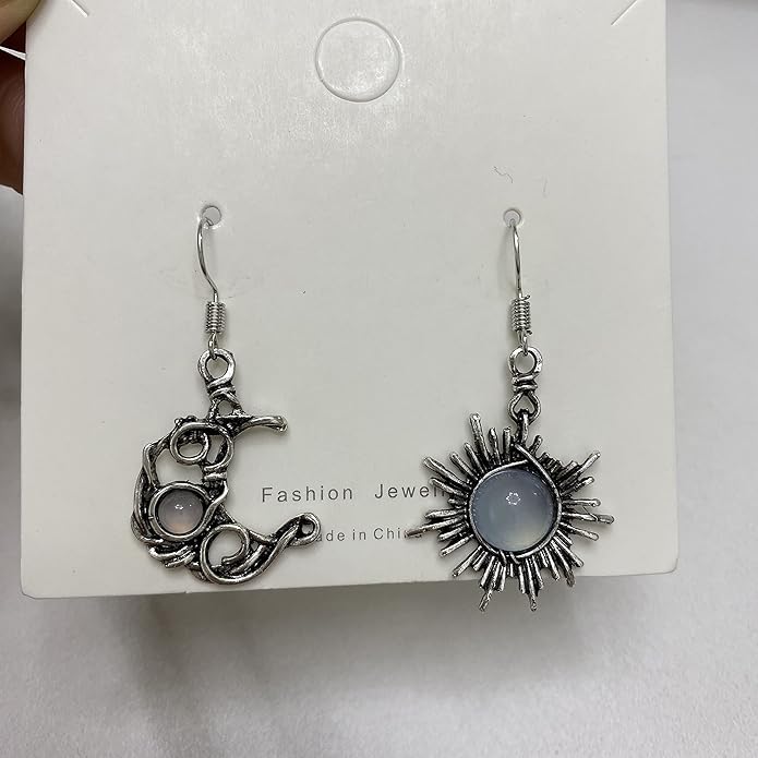 ANDPAI Unique Chic Abstract Hollow Black Vintage Silver Asymmetry Moon Star Sun Dangle Drop Earrings Black Moonstone Moon Hypoallergenic Earrings for Women Statement Jewelry Gifts