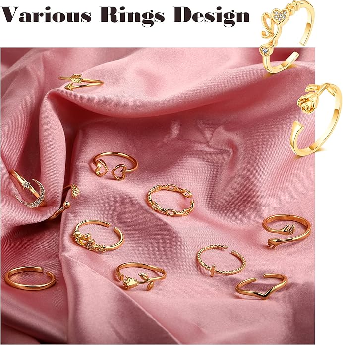 KOHOTA 12PCS Adjustable Knuckle Rings for Women 14K Gold Plated Silver Simple Stacking Rings Pack Open Knot Star Moon Butterfly Dainty Thumb Ring Set for Women