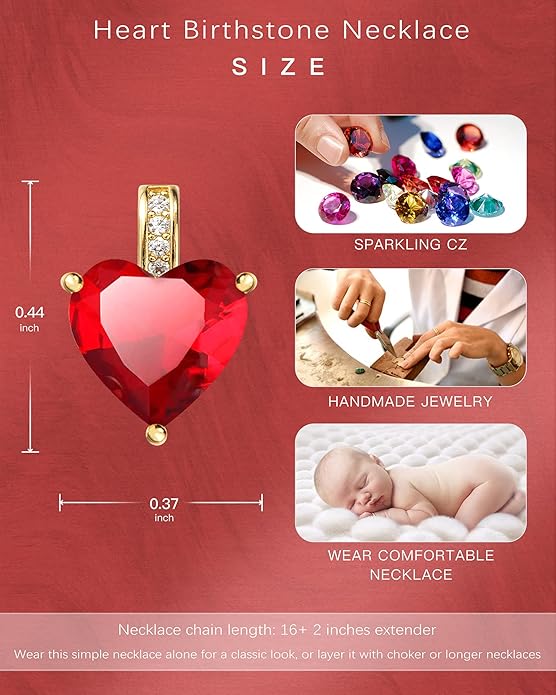 Genuine Birthstone Necklace for Women, Heart Love Necklace, Birthday Gifts for Her