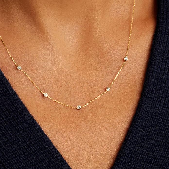 VRIUA Necklaces for Women - 14K Gold/Silver Plated Dainty Chain Necklace with Five Charms: Diamond, Bow, Snowflake, Cross, Flower, Clover, Butterfly, Heart, Star of David, and Star Trendy Jewelry