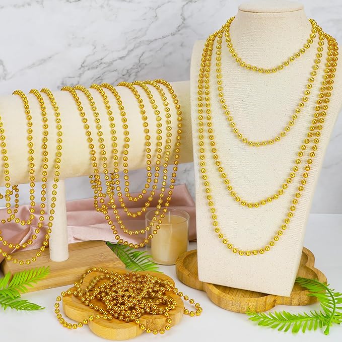 100 PCS Mardi Gras Beads, 33" Gold Beads Necklaces, St Patricks Day Beads Necklaces Bulk, Round Beaded Parade Throw Accessories Set, Gold Beads for Carnival Party Supplies