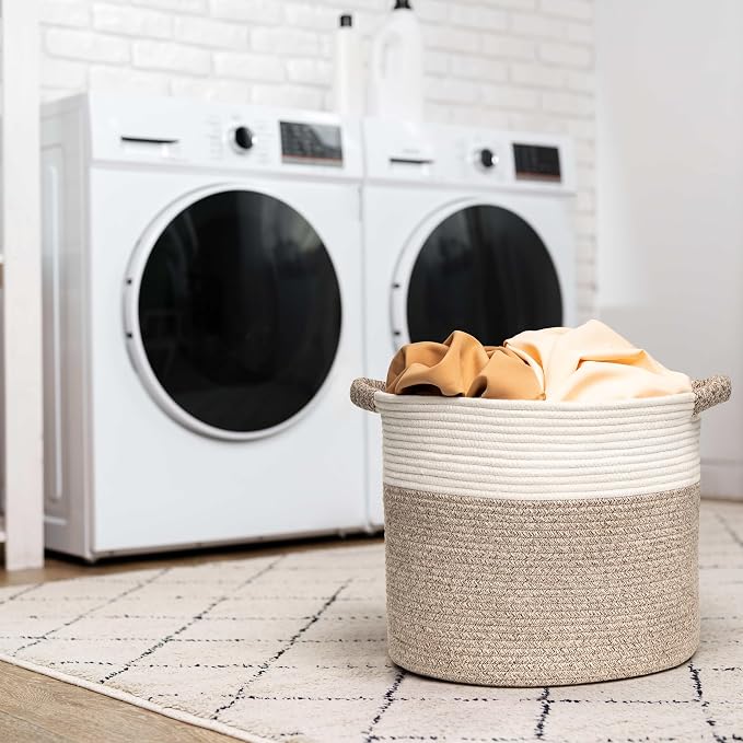 Blanket Basket for Living Room, Woven Rope Storage Basket | 16"D x 14"H | White - Image 6