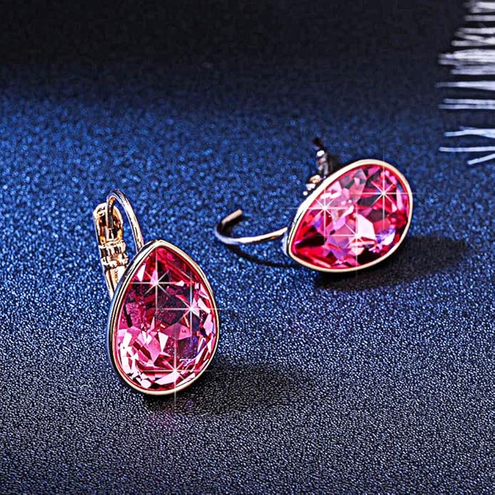 Teardrop Austrian Crystal Leverback Drop Earrings for Women 14K Rose Gold Plated Hypoallergenic Jewelry