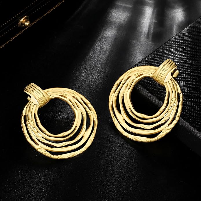 Vintage Gold Statement Stud Earrings, Stainless Steel Chunky Drop Dangle Thick Earrings, Geometric Design with Pearl Accents, Textured Sun Round Heart Pattern for Women
