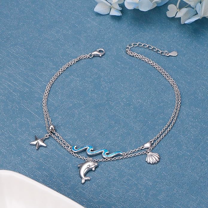 S925 Sterling Silver Ankle Bracelets Anchor/infinity/Starfish Anklet for Women Blue Opal Moonstone Anklet Foot Chain Beach Anklets Jewelry