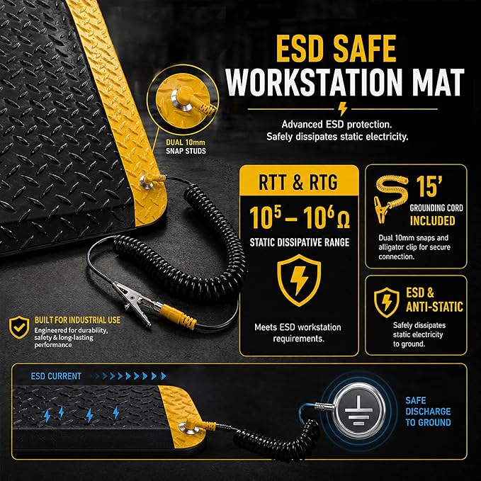 3' x 5' ESD Anti-Fatigue Conductive Mat, Durable Heavy Duty Diamond Plate - Image 2