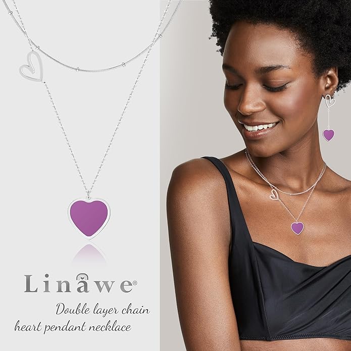 Linawe Layered Choker Heart Pendant Necklace for Women Trendy, Gold/Silver/Rose Gold Chain Stainless Steel Stacked Necklaces, Double Heart Necklace Y2K Preppy Jewelry