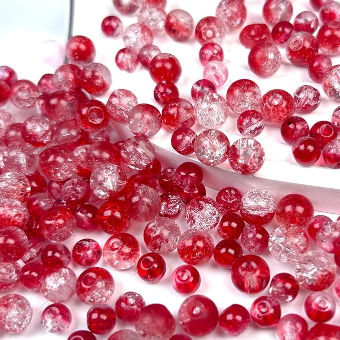 300pcs Crackle Glass Beads, 6mm and 8mm Red Crystal Glass Beads Round Loose Spacer Bulk Beads for DIY Craft Earring Necklace Bracelet Jewelry