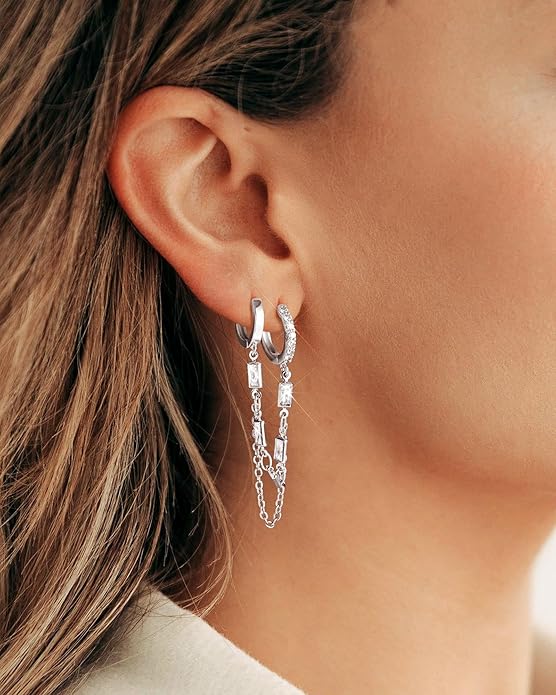 Tassel Chain Small Gold Hoop Dangle Earring For Women Huggie Earring Heart Star CZ 14K Gold Plated Fashion Jewelry Friendship Gift