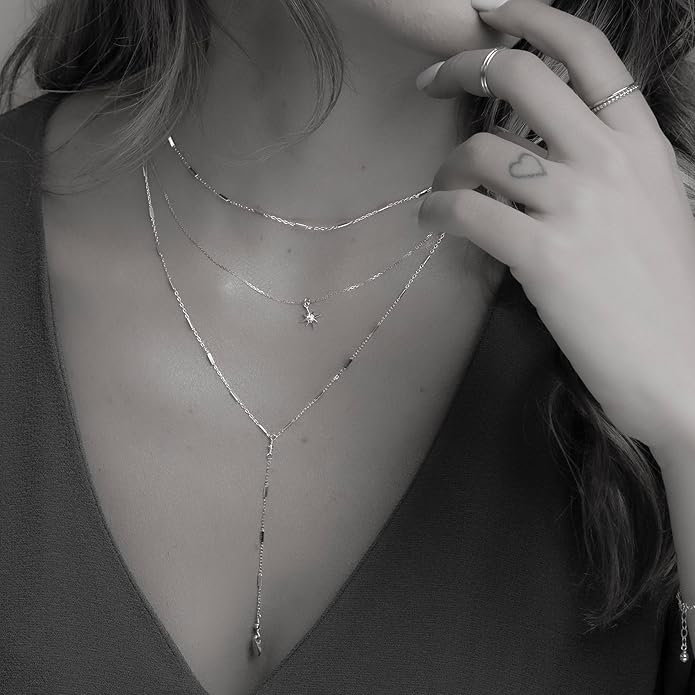 Annika Bella Sterling Silver Star Necklace for Women, Length 15-17 Inches, Tiny Cubic Zirconia North-Star Charm Pendant Necklace, Waterproof, Celestial Jewelry Gift for Her