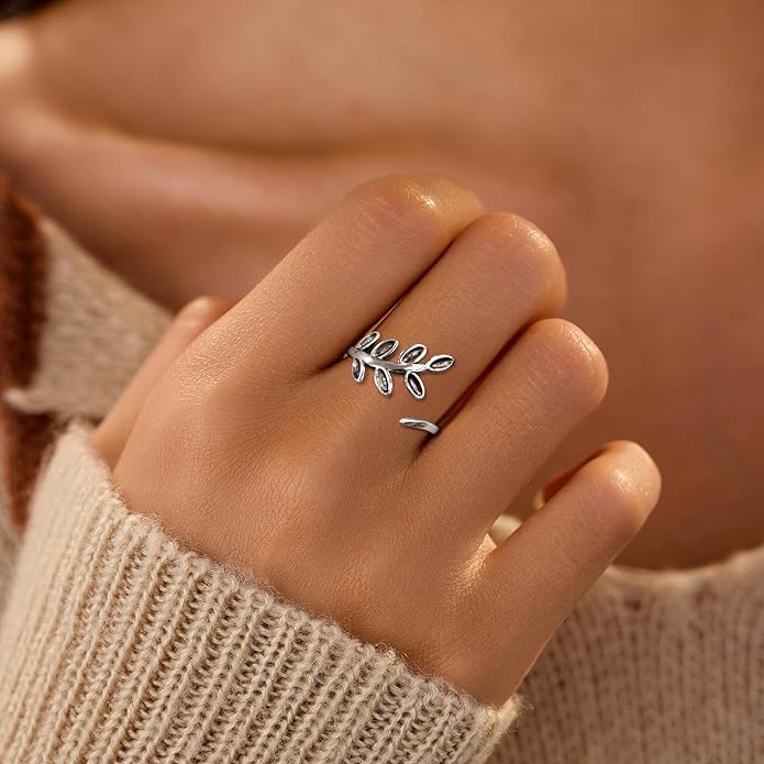 BALMORA Real 925 Sterling Silver Vintage Leaf Rings for Women Men Retro Lotus Feather Flower Adjustable Open Ring Floral Leaves Finger Statement Promise Ring Fashion Jewelry Birthday Gifts for Mom Daughter
