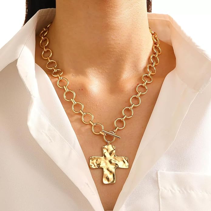 18k Gold Chunky Cross Necklace for Women Hammered Cross Choker Necklaces Bold Statement Necklace Trendy Jewelry