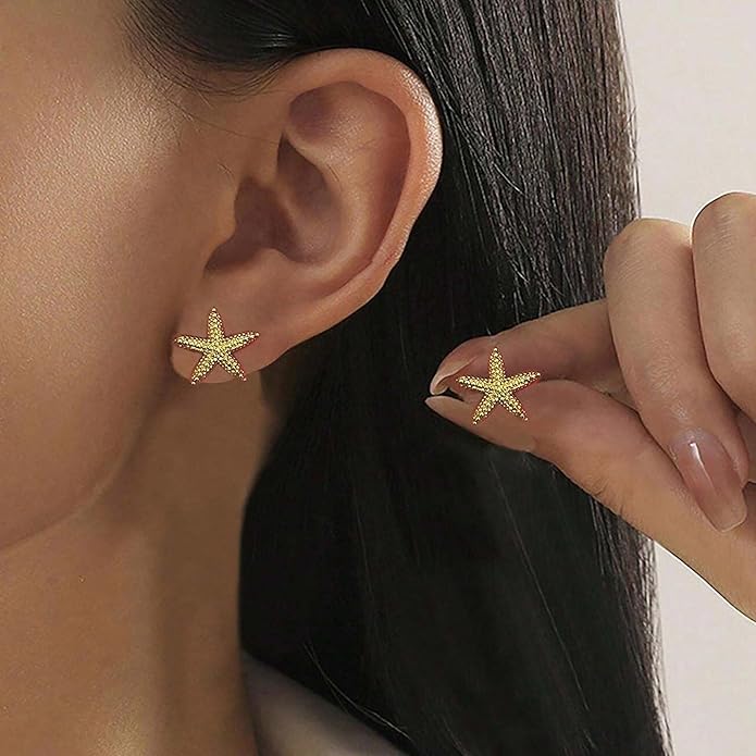 Gold Starfish Earrings for Women Trendy Dainty Starfish Statement Stud Earrings Hypoallergenic Summer Beach Ocean Coastal Jewelry