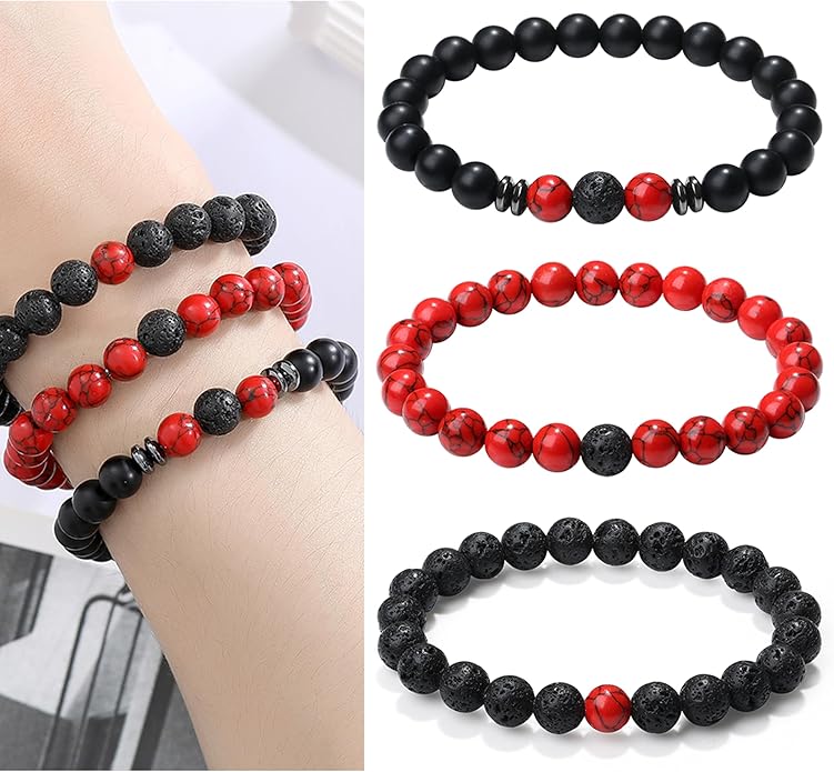 XIANNVXI Natural Stone Beads Bracelet for Men Crystal Bracelets 8MM Tiger Eye Lava Rock Obsidian Beaded Bracelet Set Black/Red/Blue Crystal Beaded Bracelets for Men