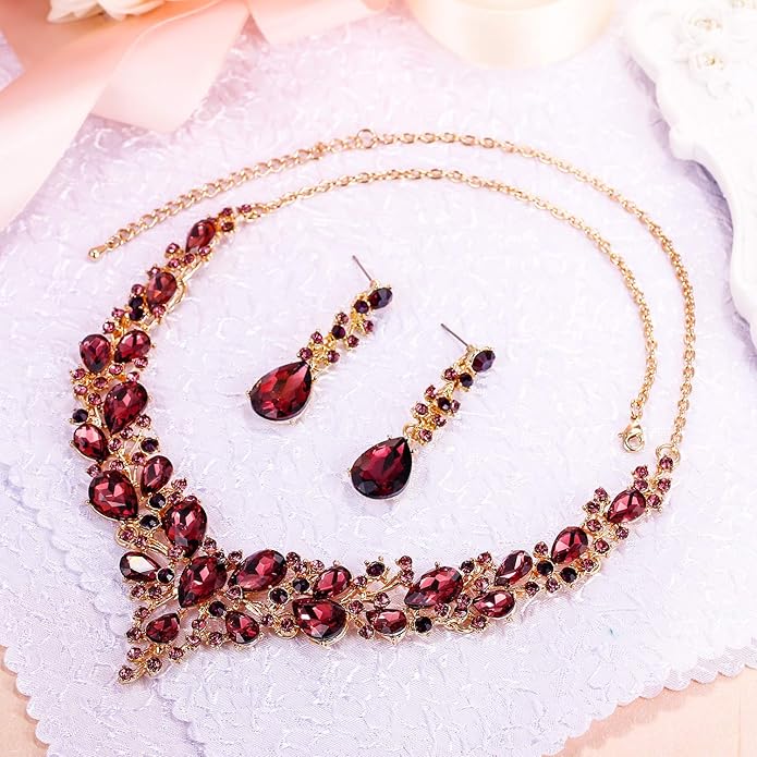 BriLove Women's Wedding Bridal Austrian Crystal Teardrop Cluster Statement Necklace Dangle Earrings Jewelry Set