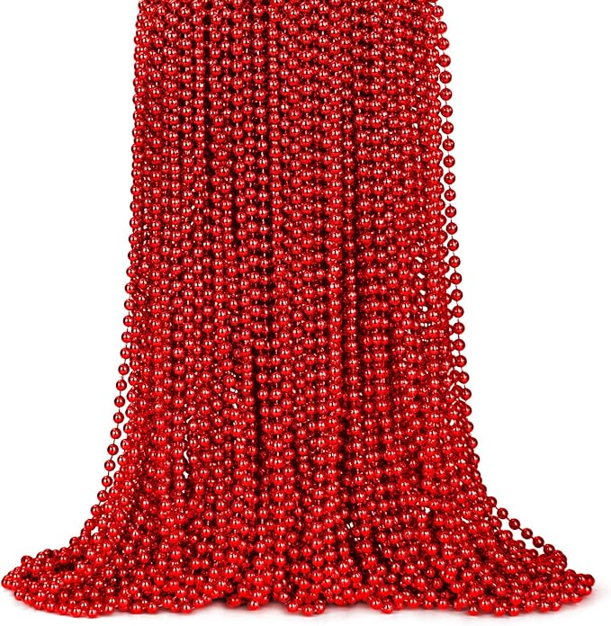 ZYFLSQ 100 Pcs 33" 7mm Metallic Red Mardi Gras Beads Necklaces Bulk, Valentine Beaded Necklaces, Party Beads for Carnival Valentines Patriotic Day Christmas Party Favors Decorations (Red)