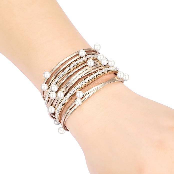 Fesciory Leopard Bracelet for Women, Boho Leather Wrap Multi-Layer Pearl Crystal Bracelet Bangle Jewelry