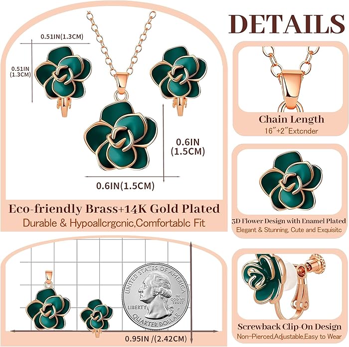 Dainty Rose Flower Pendant Necklace Clip On Earrings Set for Women 14K Gold Plated Hypoallergenic Jewelry Sets