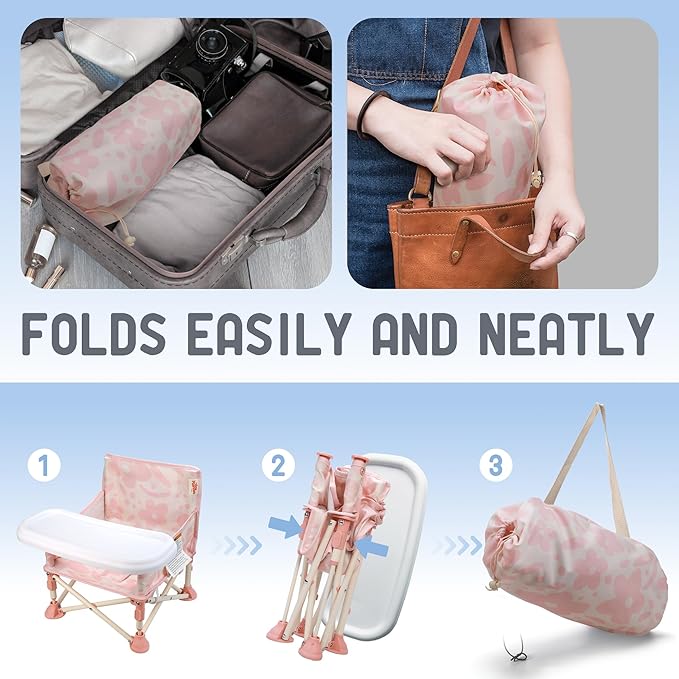 Tiny Marvels Portable 3-in-1 Baby Chair, Cozy Booster Seat, Baby Seat with Tray, Compact Foldable, Toddler Chair with Child Safety Belt Carry Bag, Perfect for Travel (Blush Bloom)