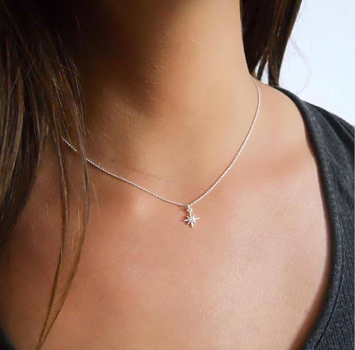 Annika Bella Sterling Silver Star Necklace for Women, Length 15-17 Inches, Tiny Cubic Zirconia North-Star Charm Pendant Necklace, Waterproof, Celestial Jewelry Gift for Her